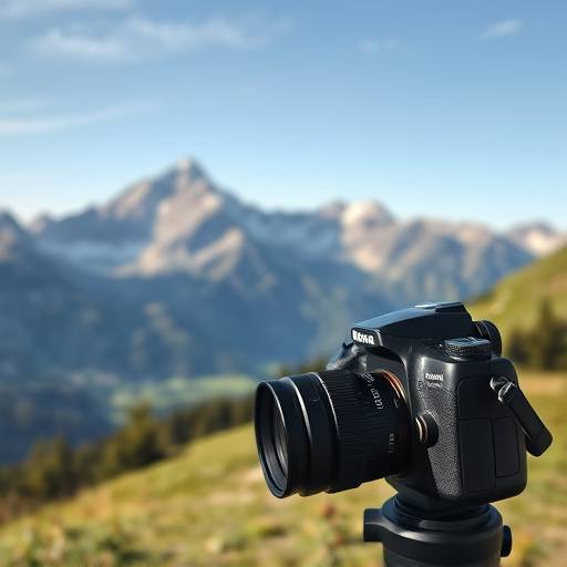 Landschaft in den Schweizer Alpen mit einer Kamera im Vordergrund.